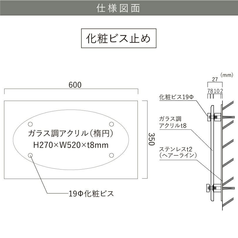 ラピート ステンレス×ガラス調アクリル銘板 化粧ビス止め H350×W600mm